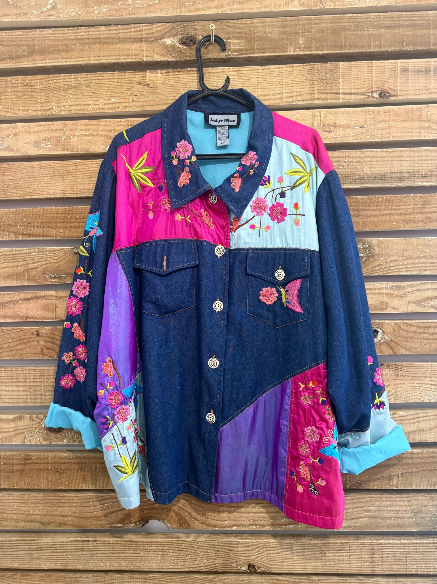 Vintage Y2K Indigo Moon patchwork embroidered denim jacket. Free sizing. 3XL.