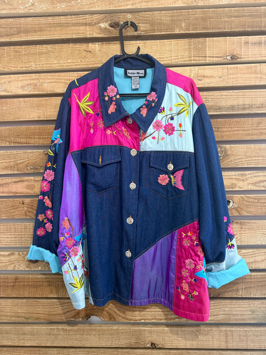 Vintage Y2K Indigo Moon patchwork embroidered denim jacket. Free sizing. 3XL.