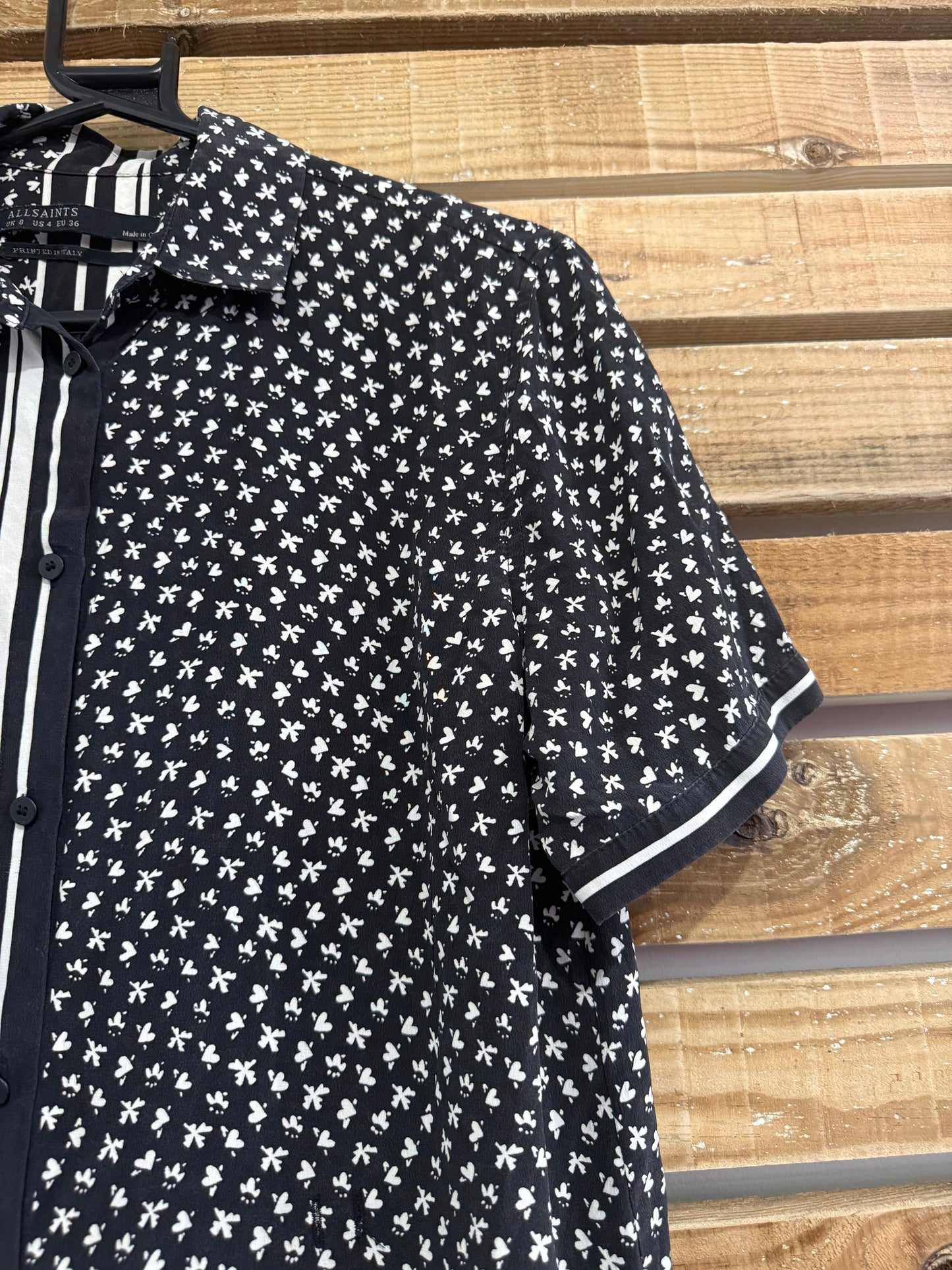 AllSaints print short sleeve blouse. Size Small. Monochrome. UK8
