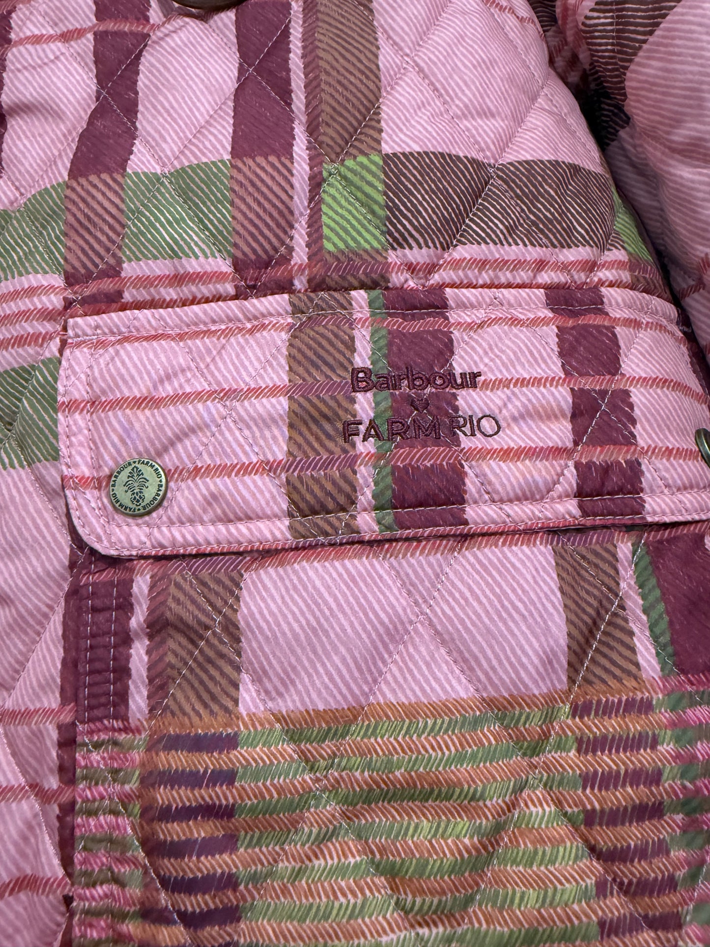 BNWT Barbour x Farm Rio Ana-Clara Quilted Jacket. Pink patchwork. Size Medium