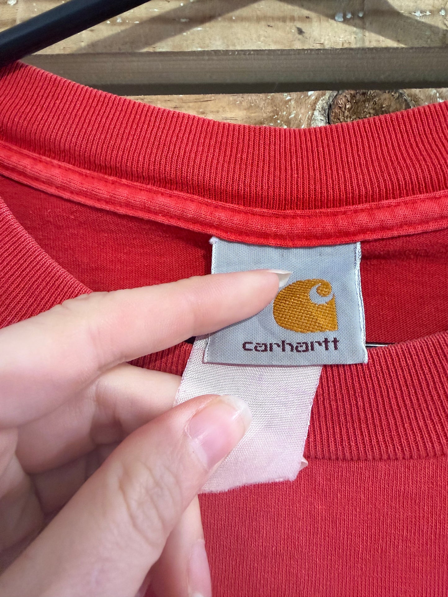 Vintage 90s Carhartt logo pocket t-shirt. Red. Workwear/ cowboy/ USA. Size XL.