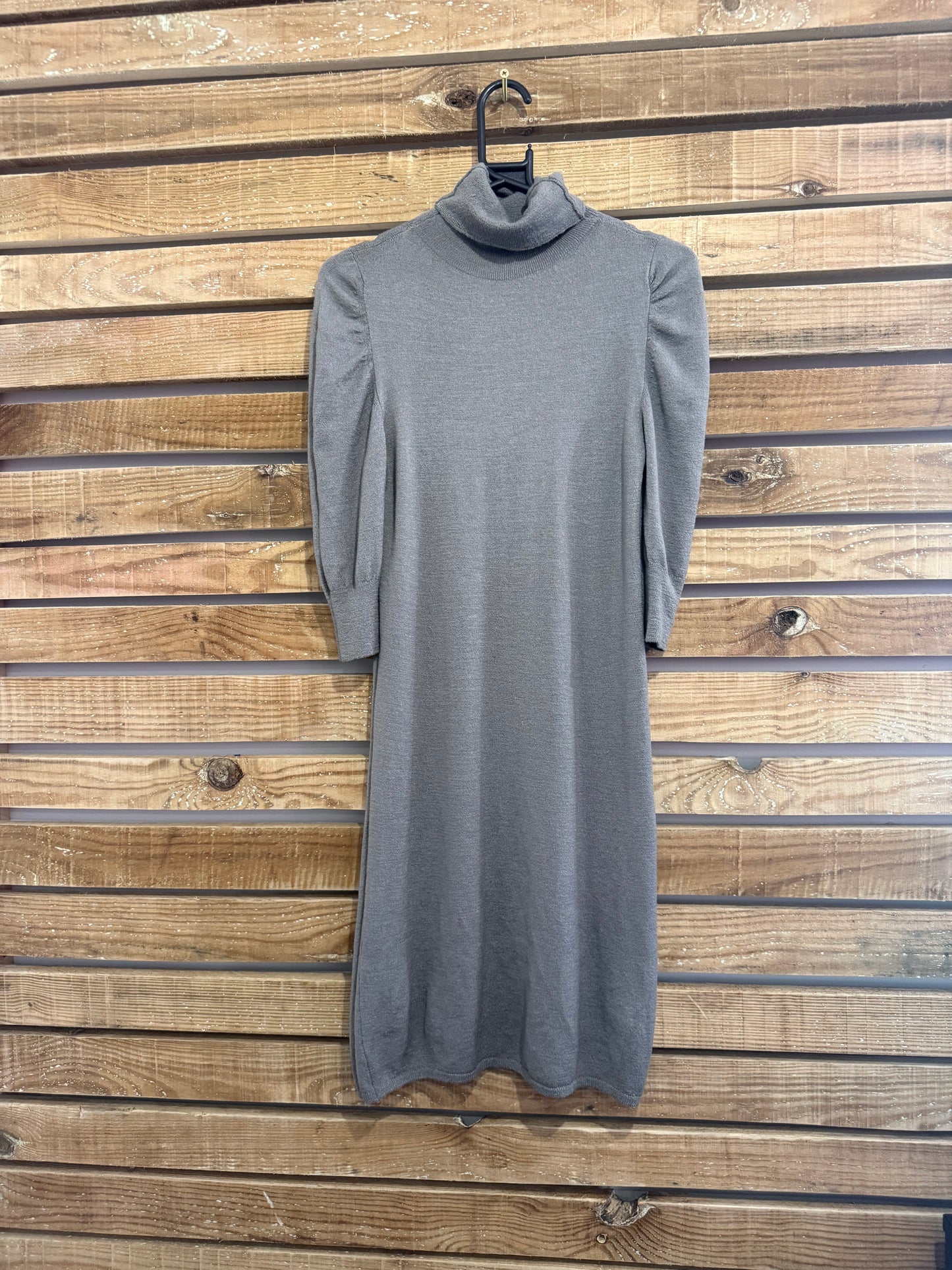 Vintage 90s Transit Paris Dress. Knitted. Contemporary. Puff sleeve. Grey. Size UK8-10
