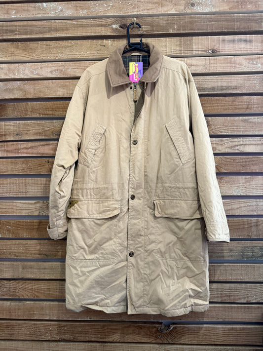 Vintage 90s Woolrich coat in beige. Plaid lined, leather collar. Size large.