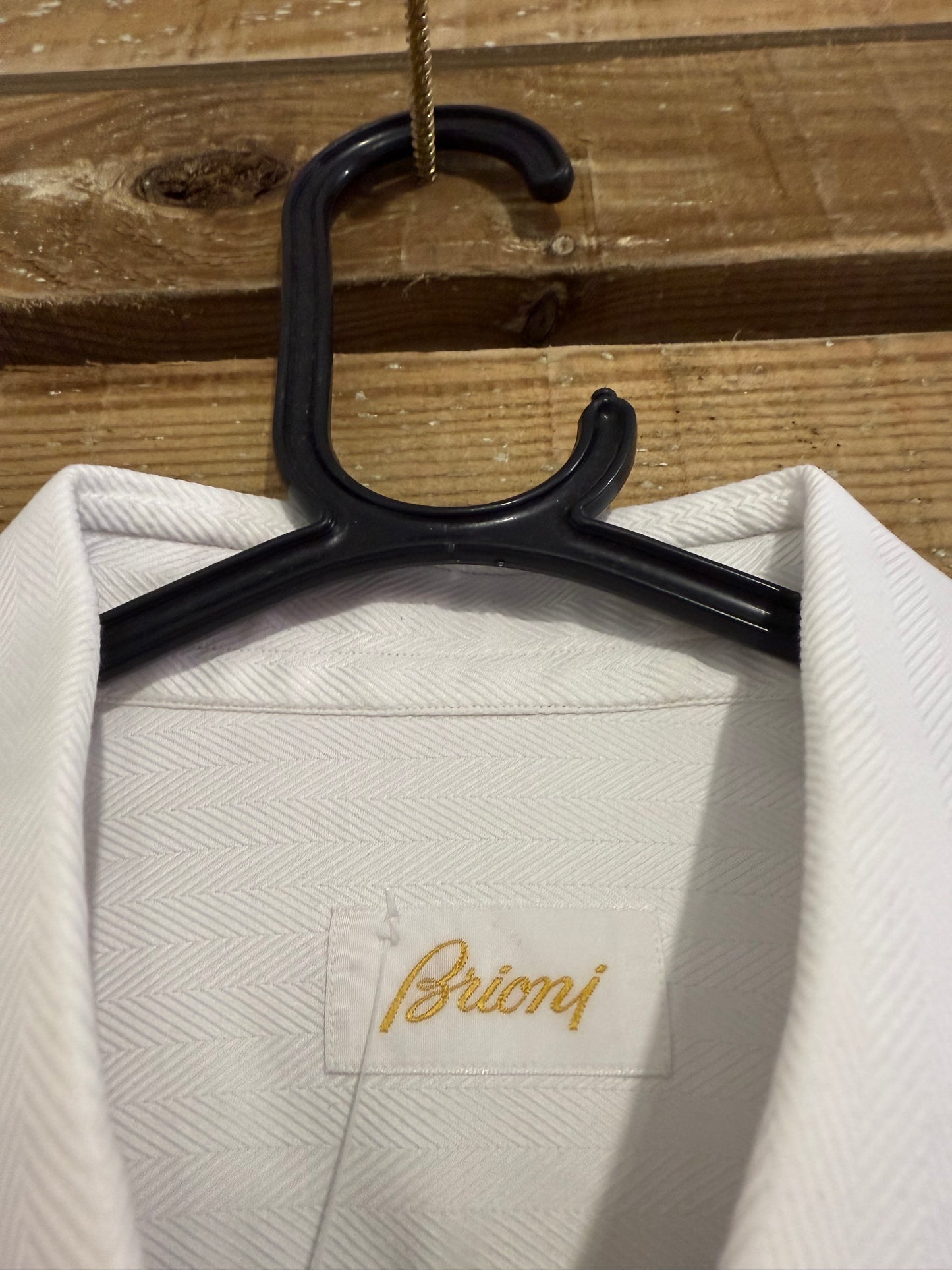 Vintage 90s Brioni White Herringbone Dress Shirt - Made in Italy, French Cuffs, Luxury Menswear. Size Large.