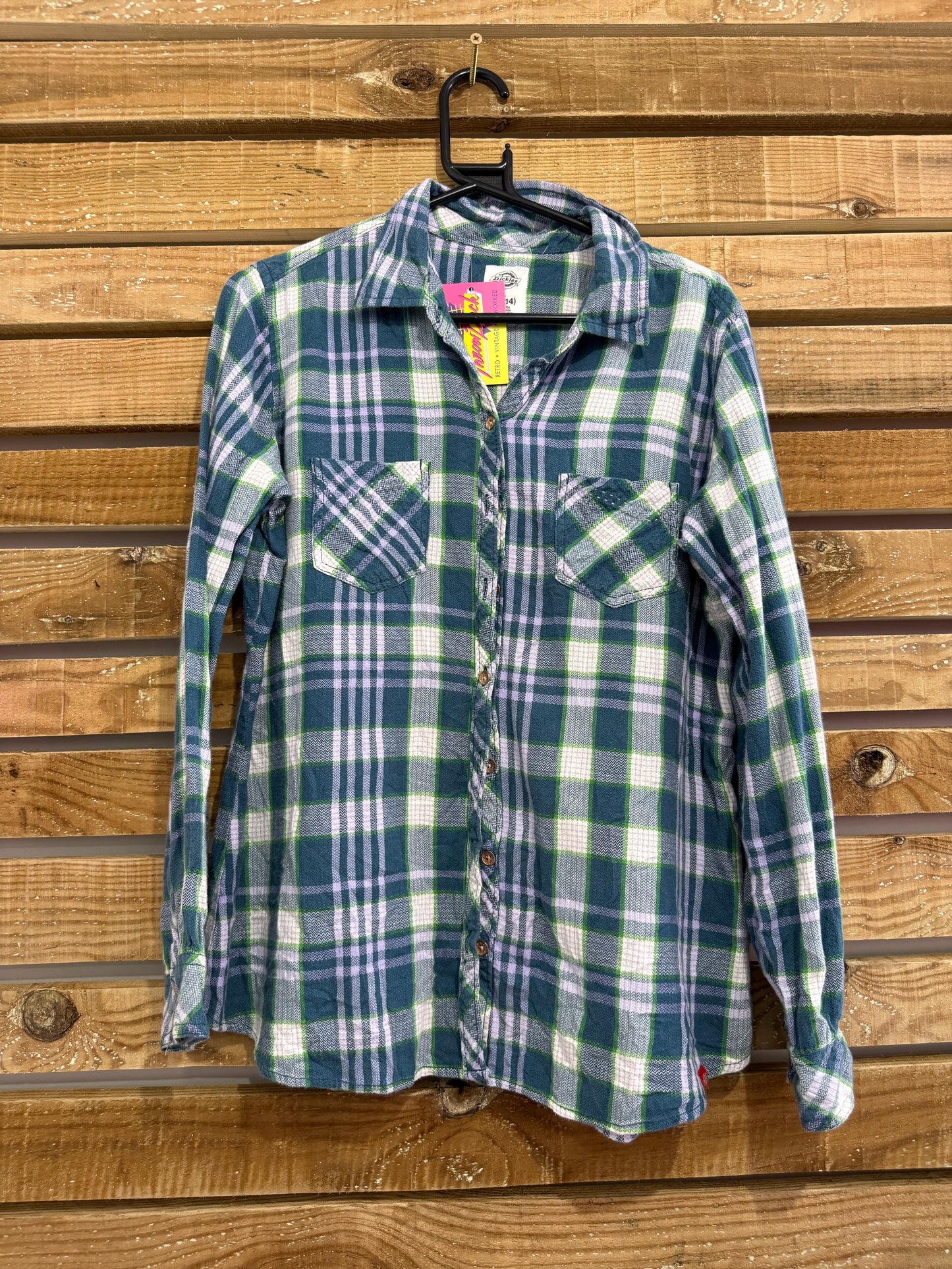 Vintage 90s Dickies checked flannel plaid button up top/ shirt. Size Large. Size 12/14