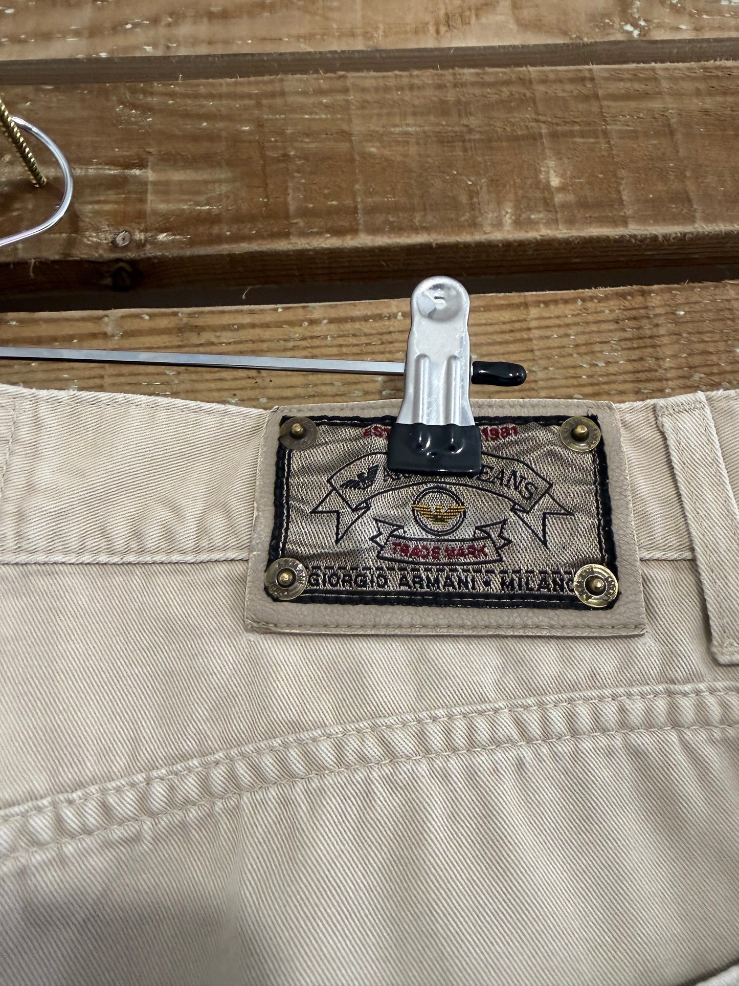 Vintage 90s Armani beige pants/ trousers. Jean style. 32” waist, 33” leg.