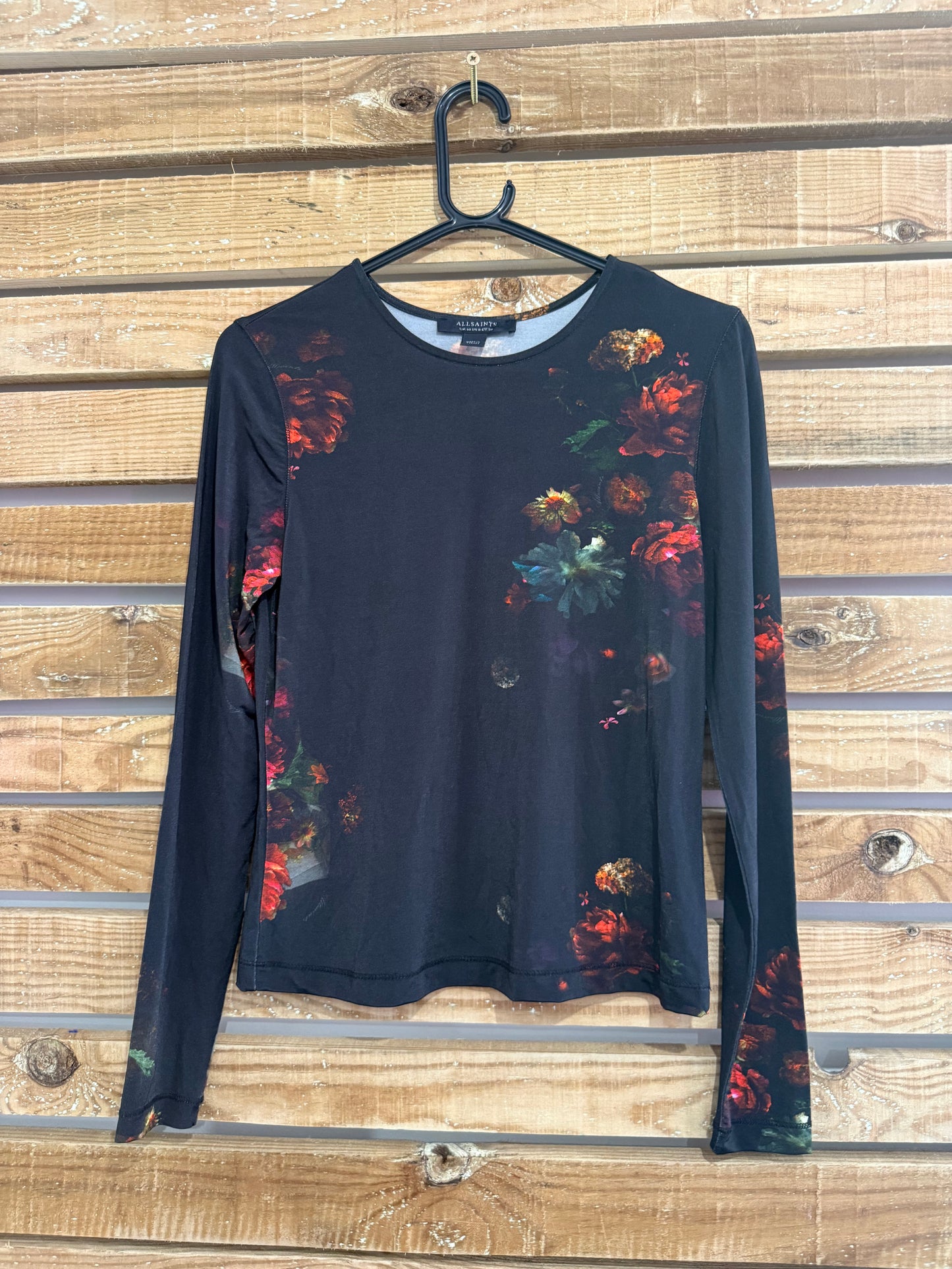 AllSaints Katlyn long sleeve floral mesh top. Black. Size UK10.