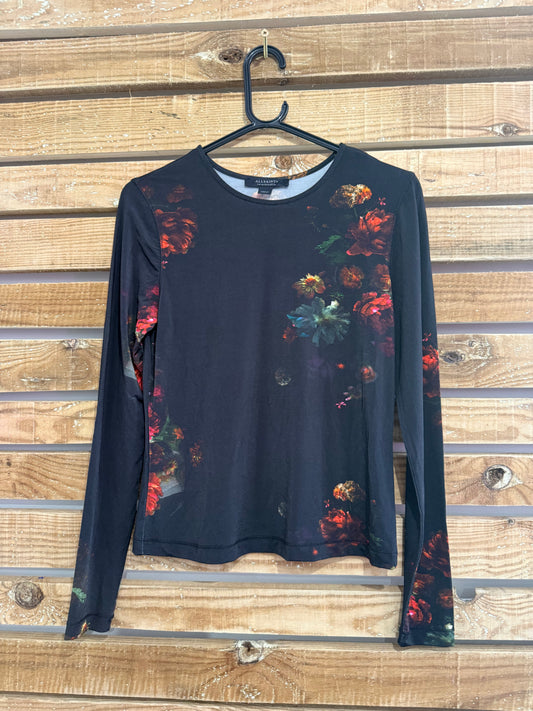 AllSaints Katlyn long sleeve floral mesh top. Black. Size UK10.