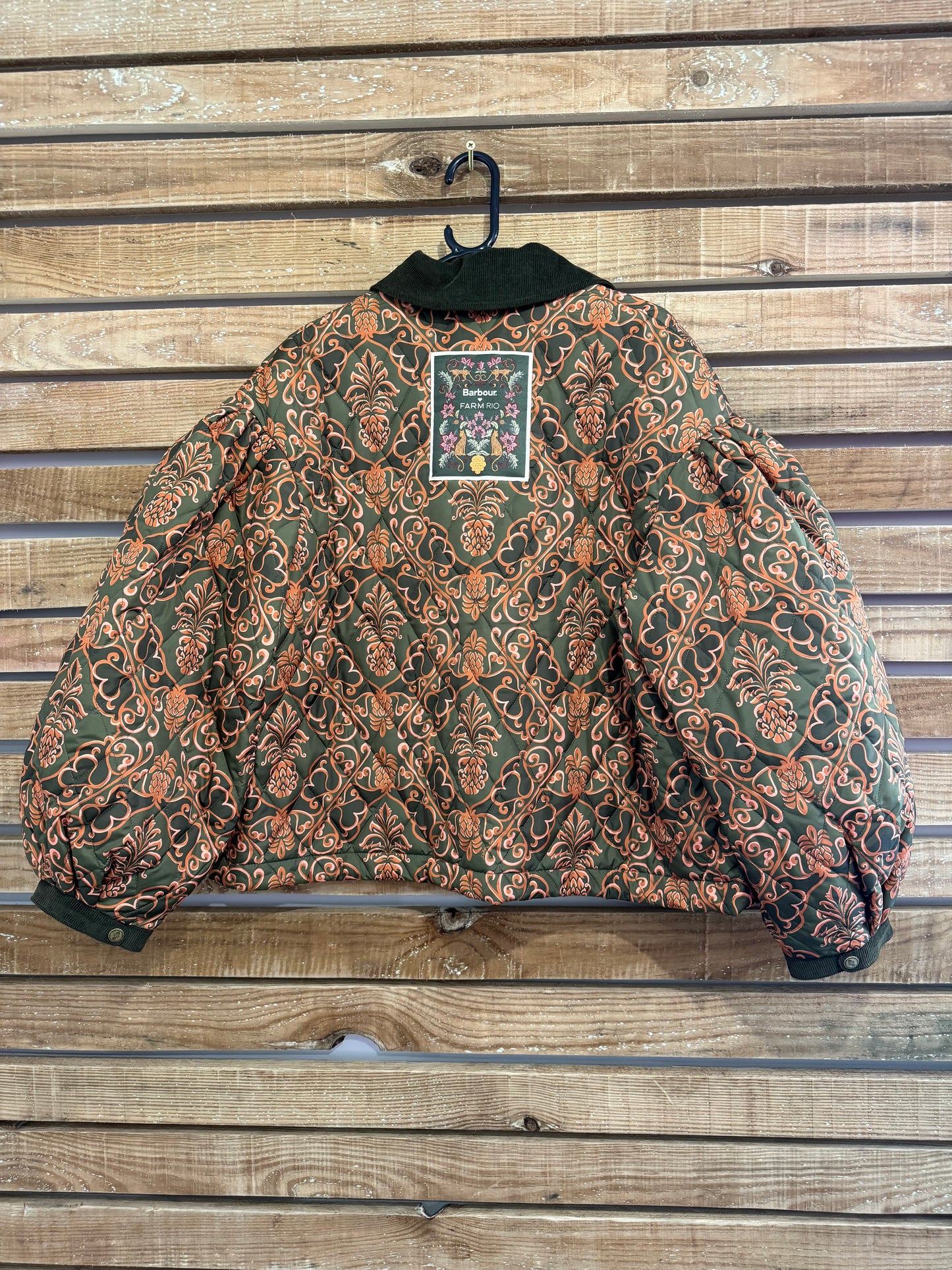 BNWT Barbour x Farm Rio Luisa Quilted Jacket. Green & Orange floral pineapple print. Size Large.
