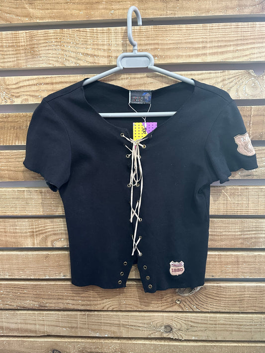 Vintage Y2K Cowboy lace up T-shirt/ top. 70s style. Size Small.
