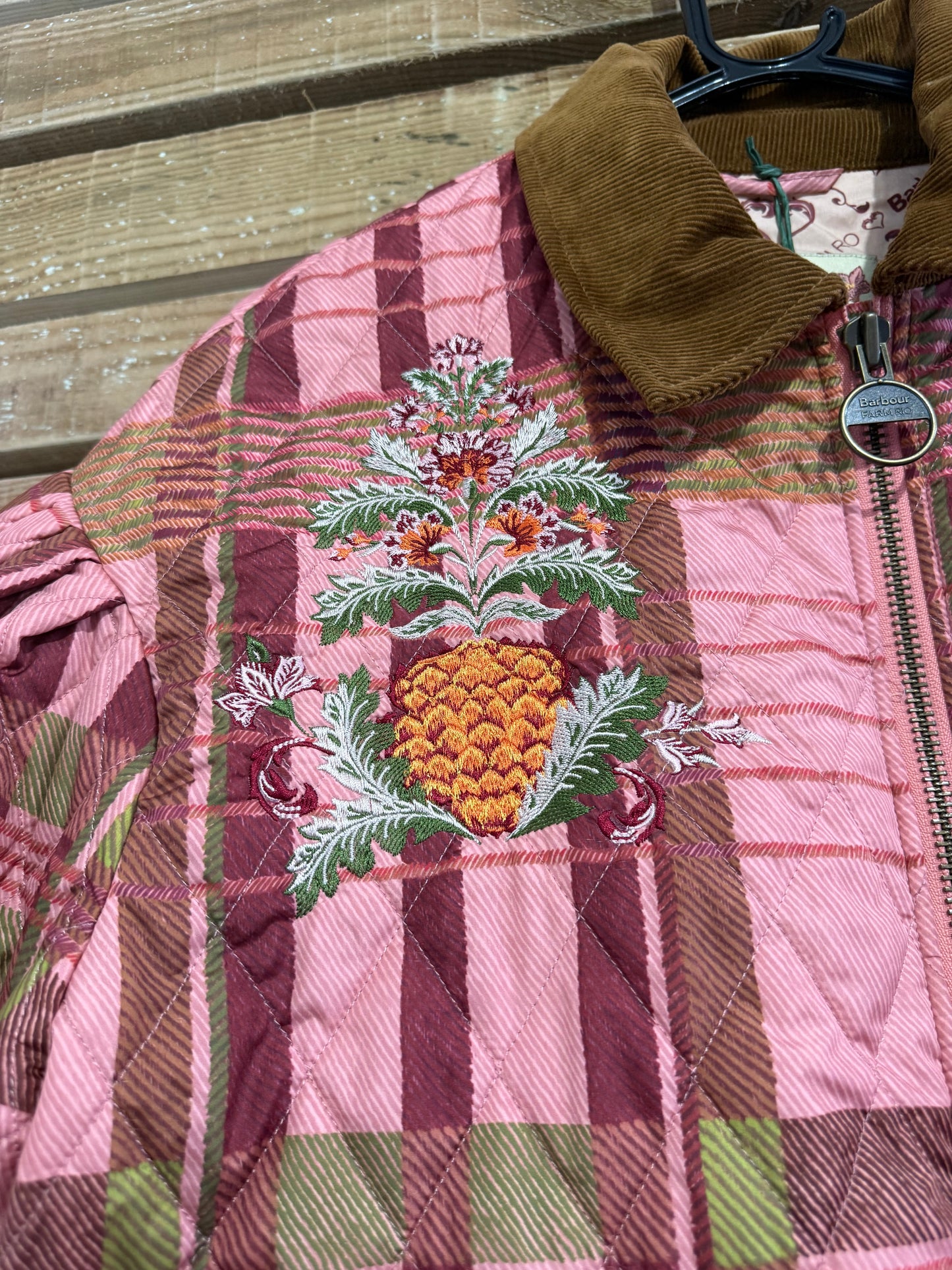 BNWT Barbour x Farm Rio Ana-Clara Quilted Jacket. Pink patchwork. Size Medium