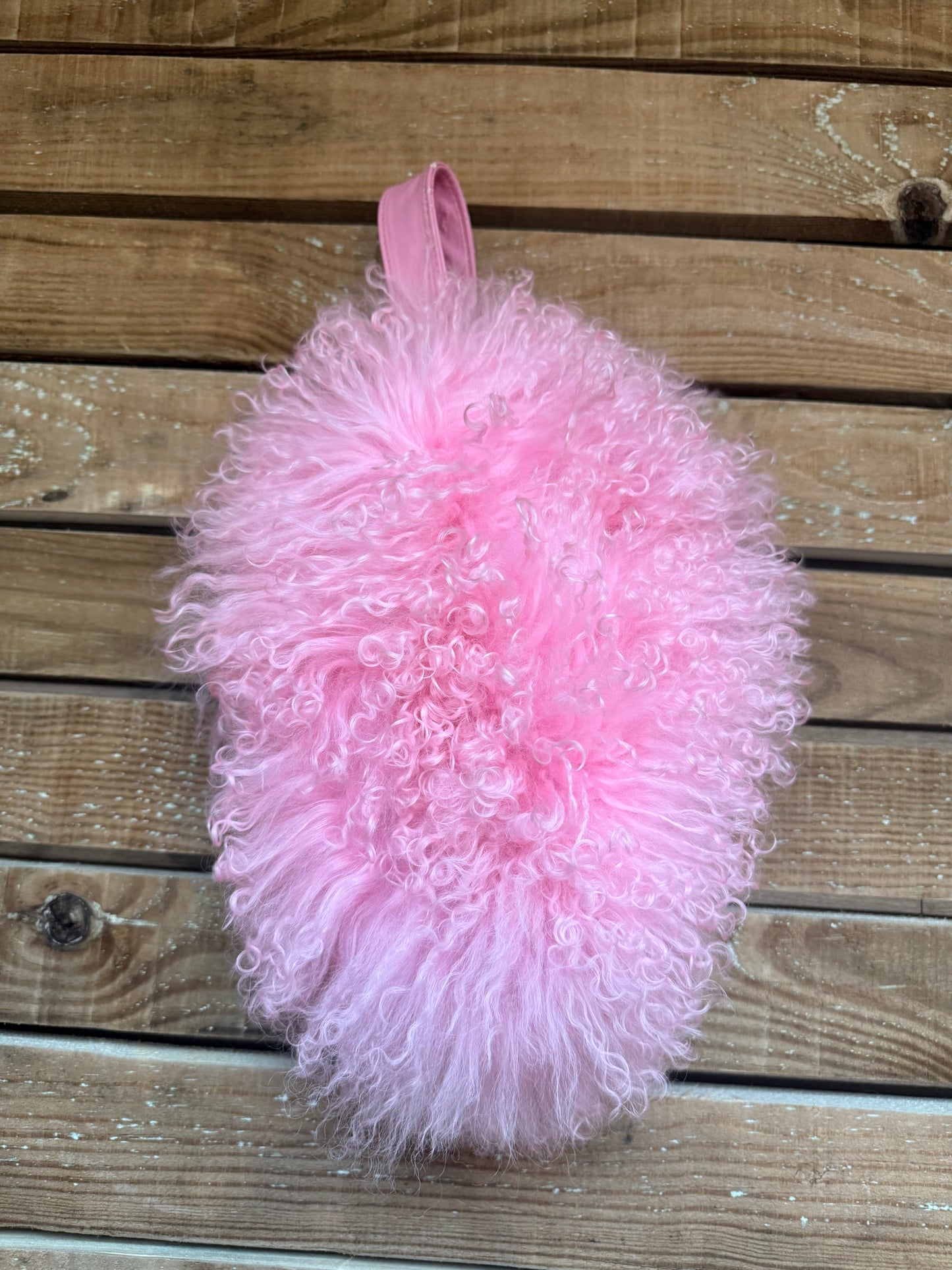 Charlotte Simone x Kyle fluffy pink bonbon bag with removable chain.