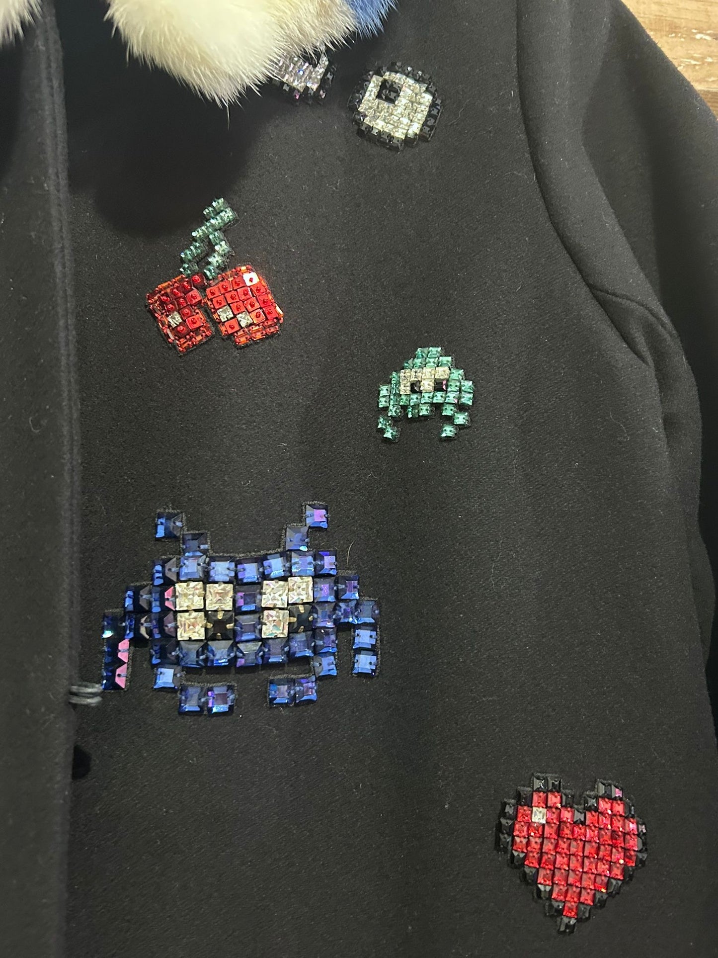 Anya Hindmarch Pac-man Coat with mink fur collar.