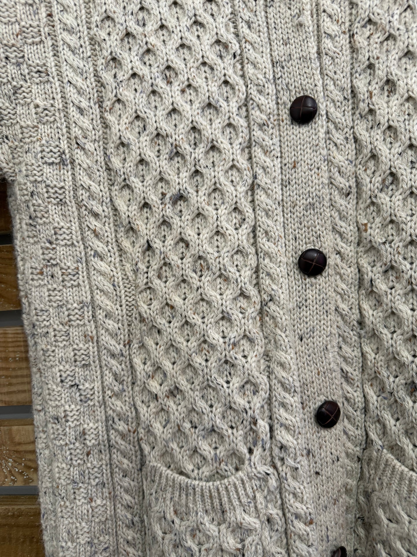 Vintage 90s Aran Knit Cream Cable Knit Cardigan. Size Large