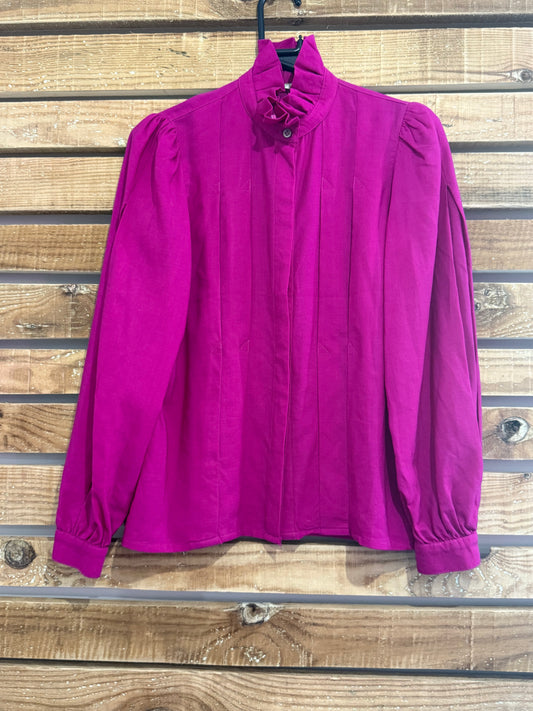 Vintage 80s fuschia ruffled blouse/ evening top. Free sizing up to a UK 14.
