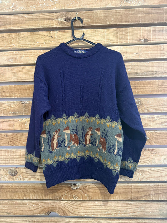 Vintage 80s Acorn mushroom & squirrel wool knit jumper. Cottagecore. Made in England. Rare. Size Medium.