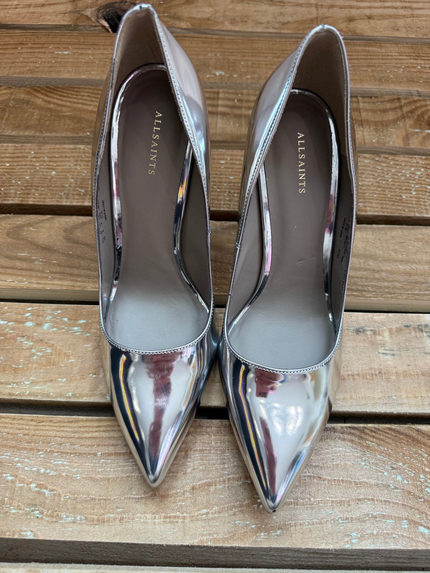 AllSaints Nova Metallic Leather Court Shoes/ Stilettos. Silver. EU39, UK6
