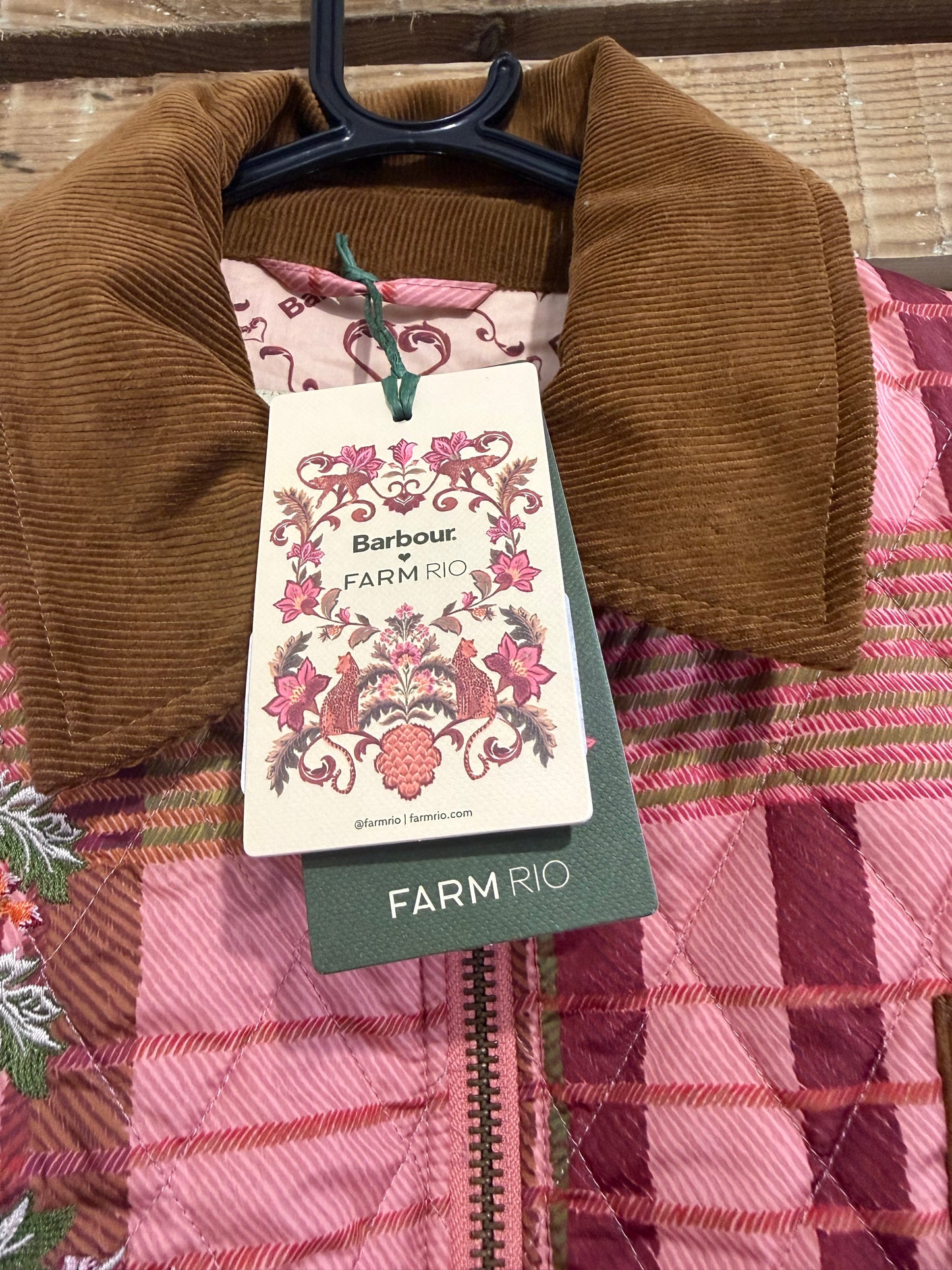 BNWT Barbour x Farm Rio Ana-Clara Quilted Jacket. Pink patchwork. Size Medium