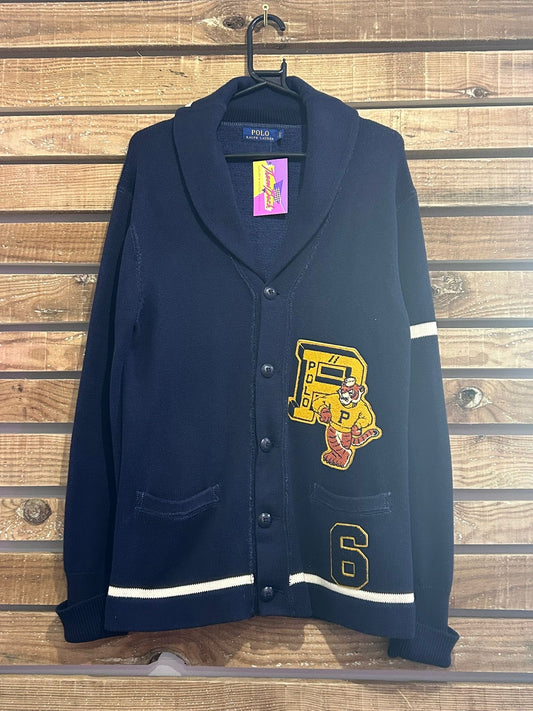 Vintage 90s Ralph Lauren Varsity knitted cardigan. Blue. Size Small.