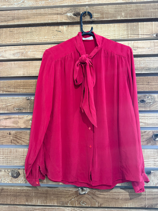 Vintage 80s Burberry red silk blouse/ top. Pussy bow. Free sizing.
