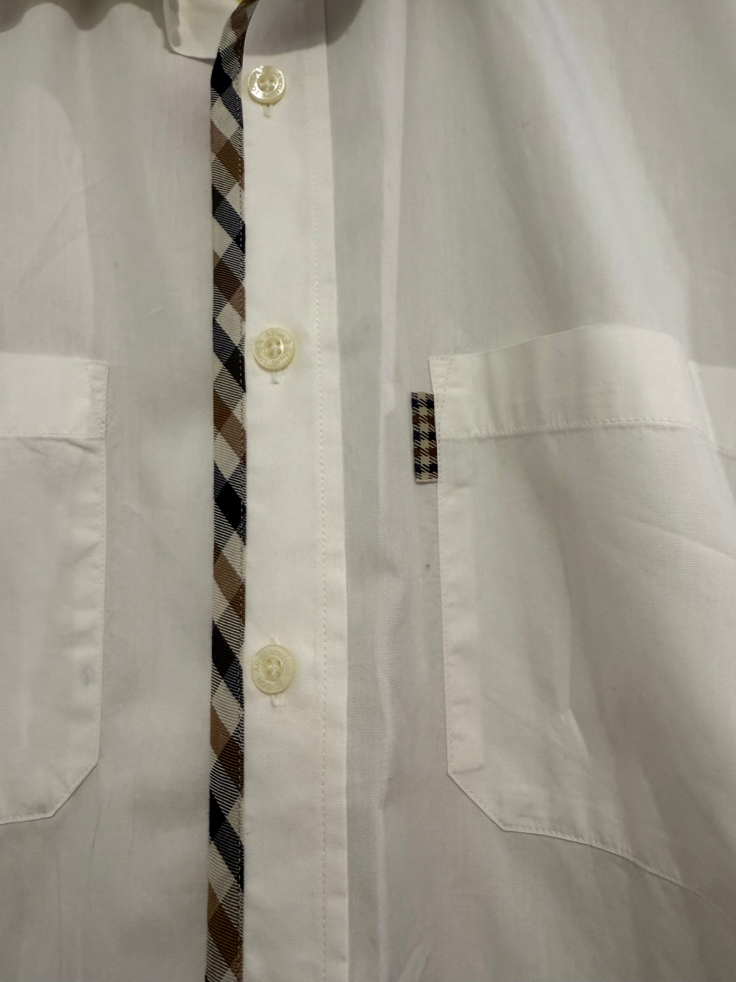 Vintage 80s Aquascutum white with nova check pattern button up shirt. Size Medium.