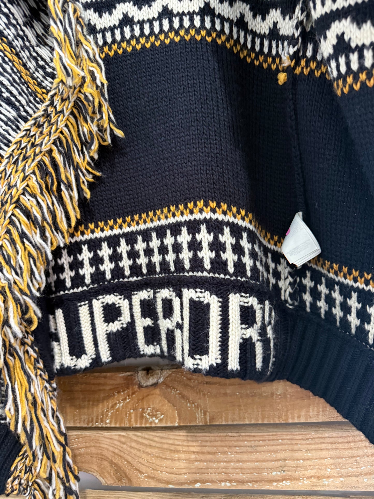 Superdry premium knit open cardigan. Tasselled. Cowboy/ Yellowstone. Size Medium.