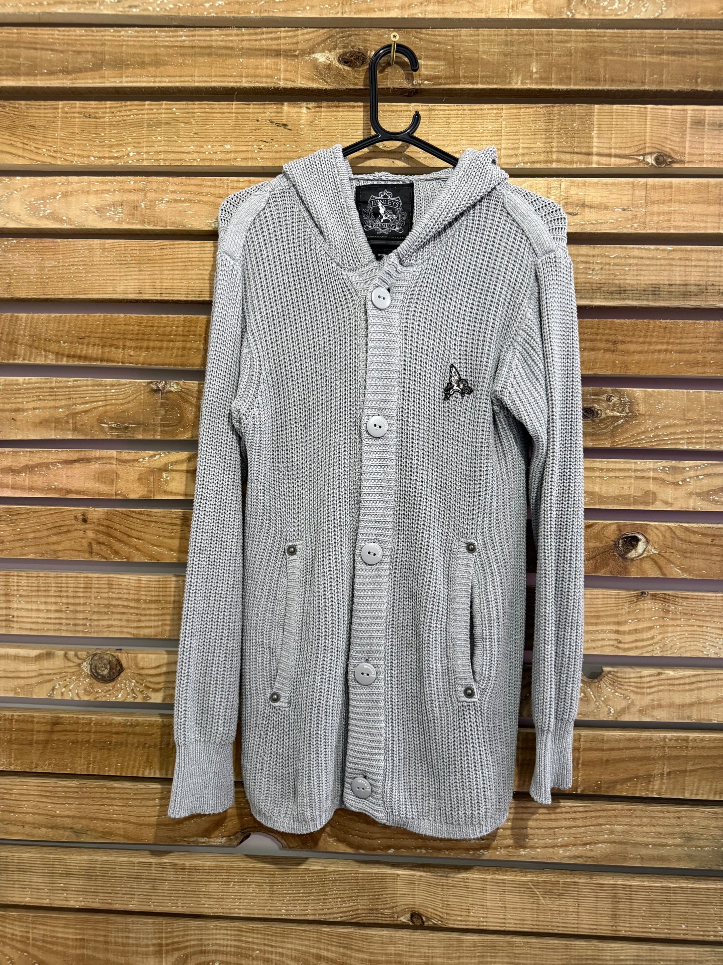 Vintage Y2K Henleys Premium button up knit Hoodie cardigan/ jumper. Grey. Size Small.