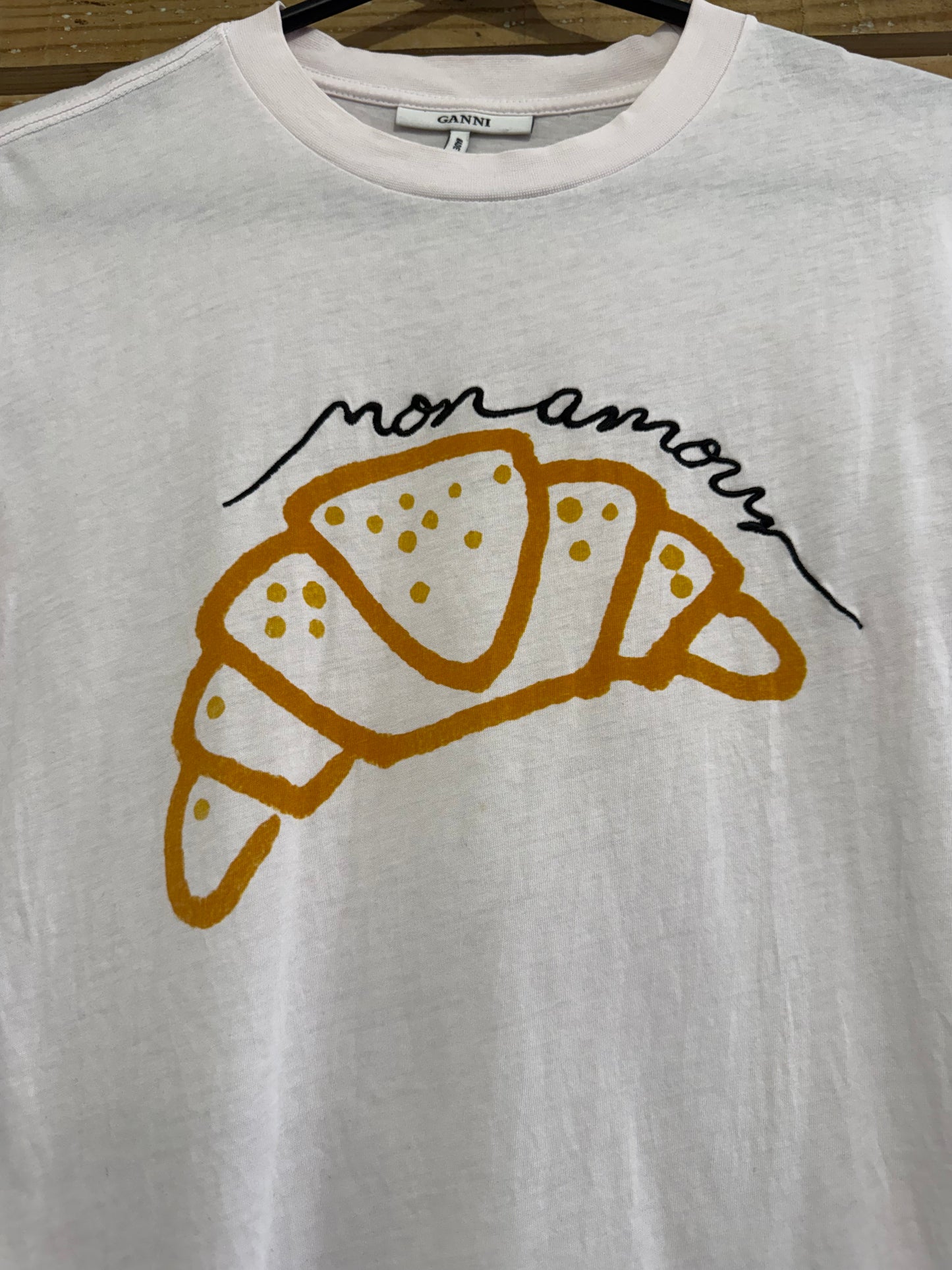 Ganni Croissant mon amour embroidered motif print T-shirt. Size XS.