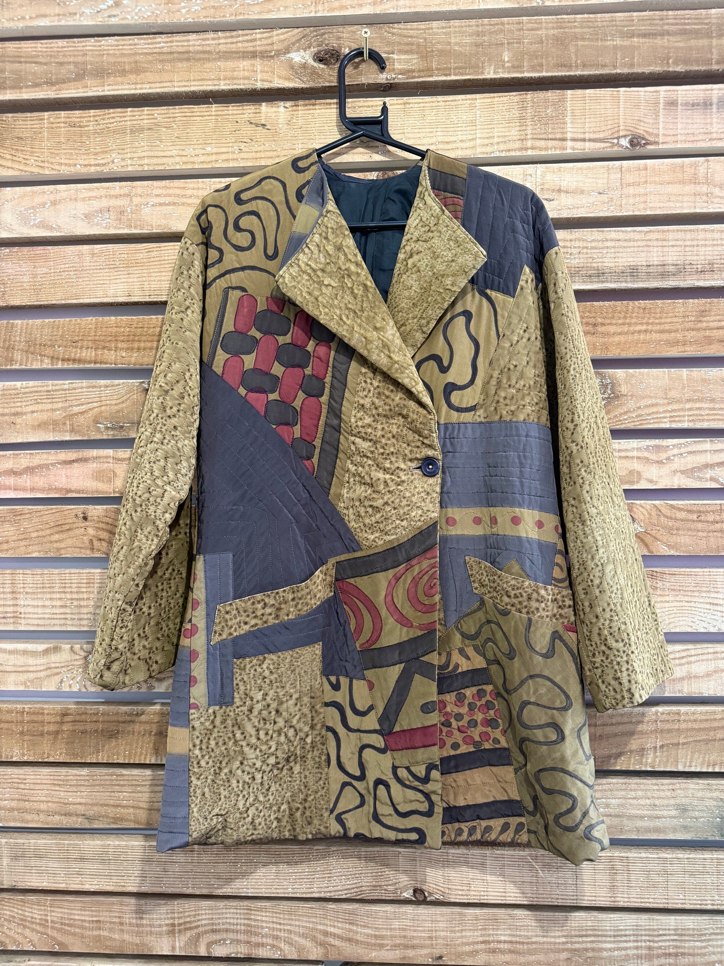 Vintage 90s Kiss of the Wolf hand-painted silk abstract jacket/ blazer. Art. Size Small.