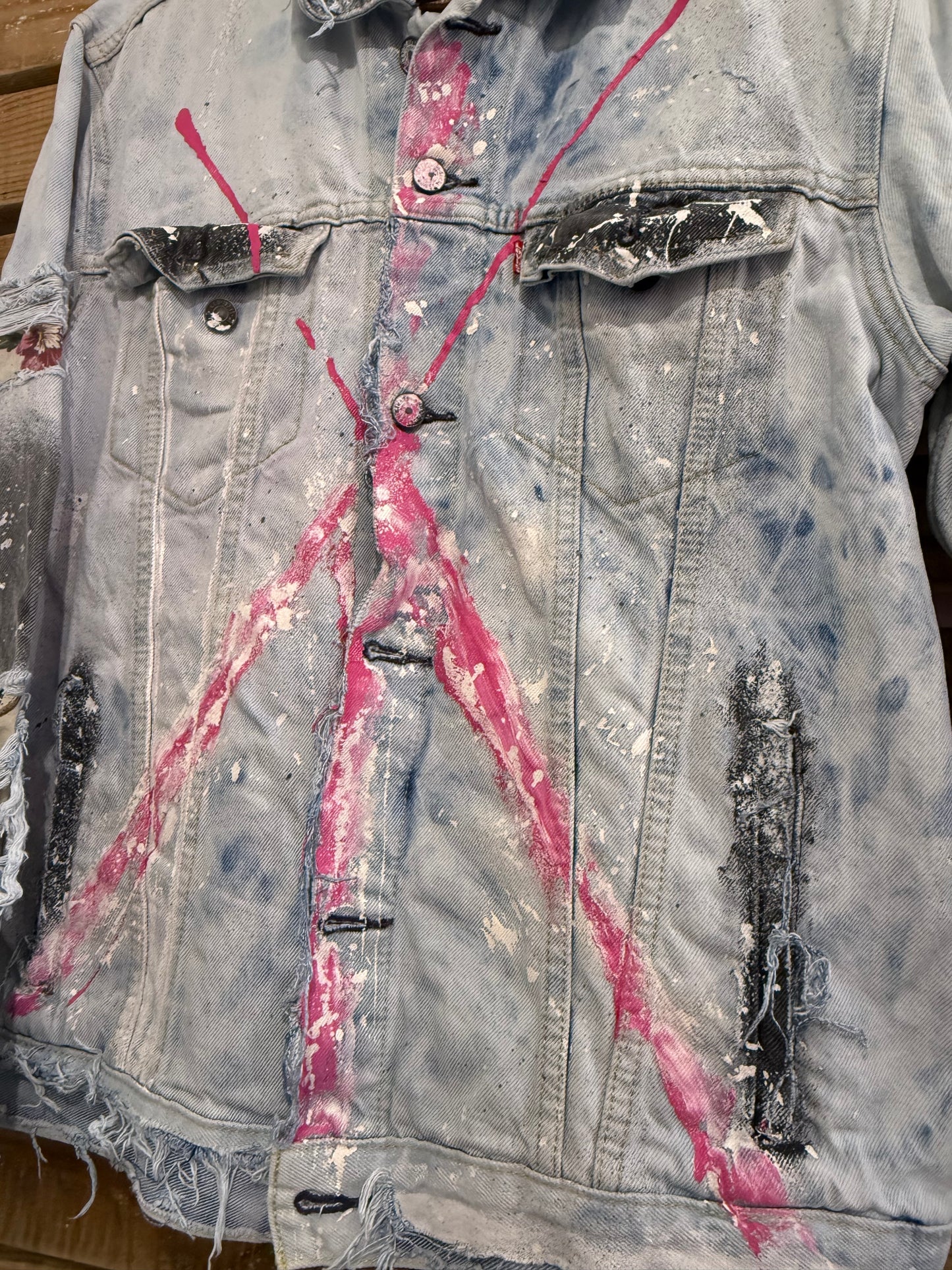 Vintage 80s Levi’s blue denim jacket. Size medium. Distressed/ painted/customised. Size Large