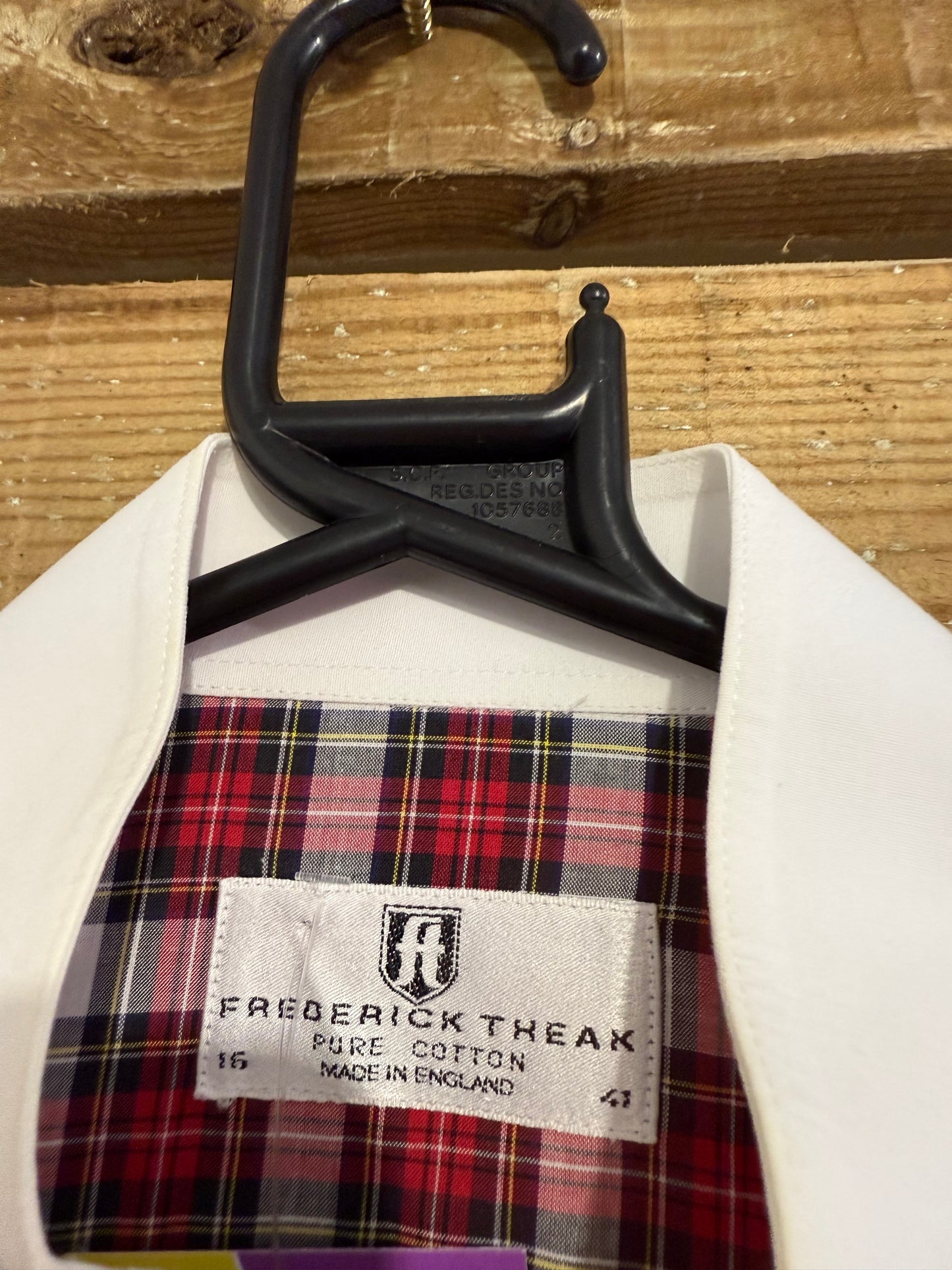 Frederick Theak white and tartan Dress Shirt - French Cuffs, Size 16 collar. Size XL. Black tie.