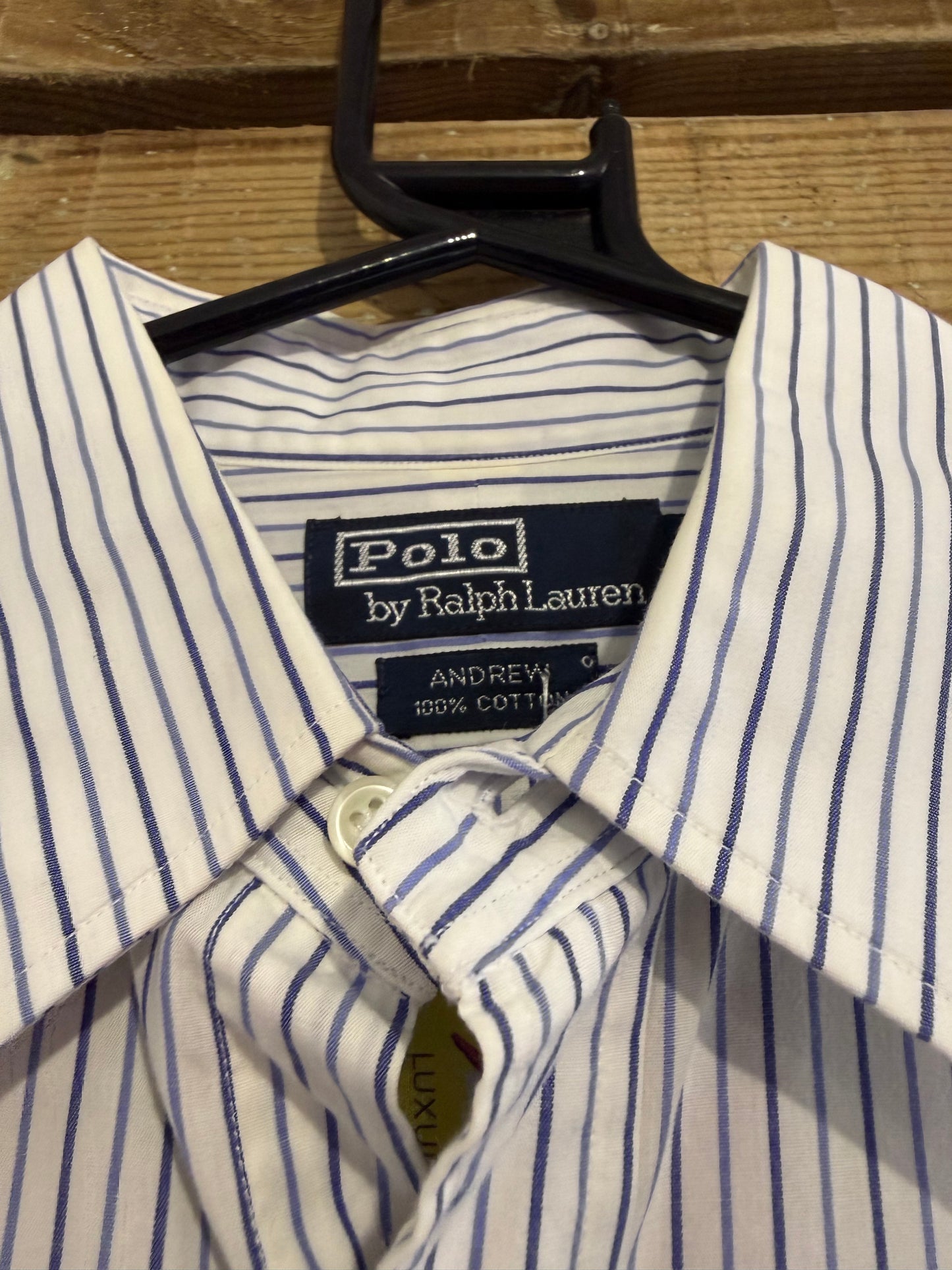 Vintage 90s Ralph Lauren Dress Shirt - French Cuffs, 16” Collar, 50” chest. Size XL. Blue stripe.