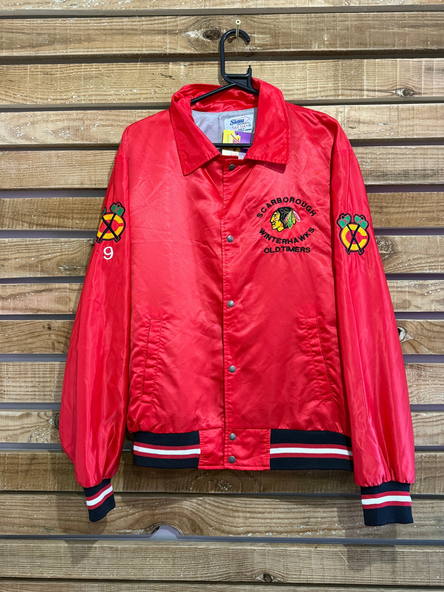 Vintage 80s Chicago Scarborough Winterhawks Oldtimers bomber jacket. USA. Size XL. NHL.