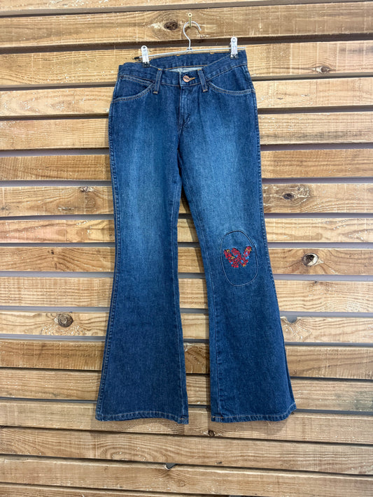 Vintage 90s Wrangler embroidered flared jeans. 70s style. Size UK6, Waist 26”