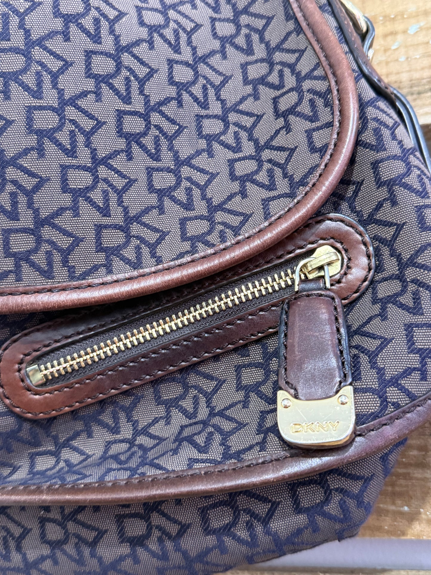 Vintage Y2K DKNY shoulder bag. Monogram brown leather trim.