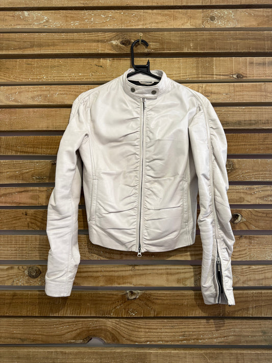Vintage Y2K white ruched leather bomber jacket. Size 10-12.