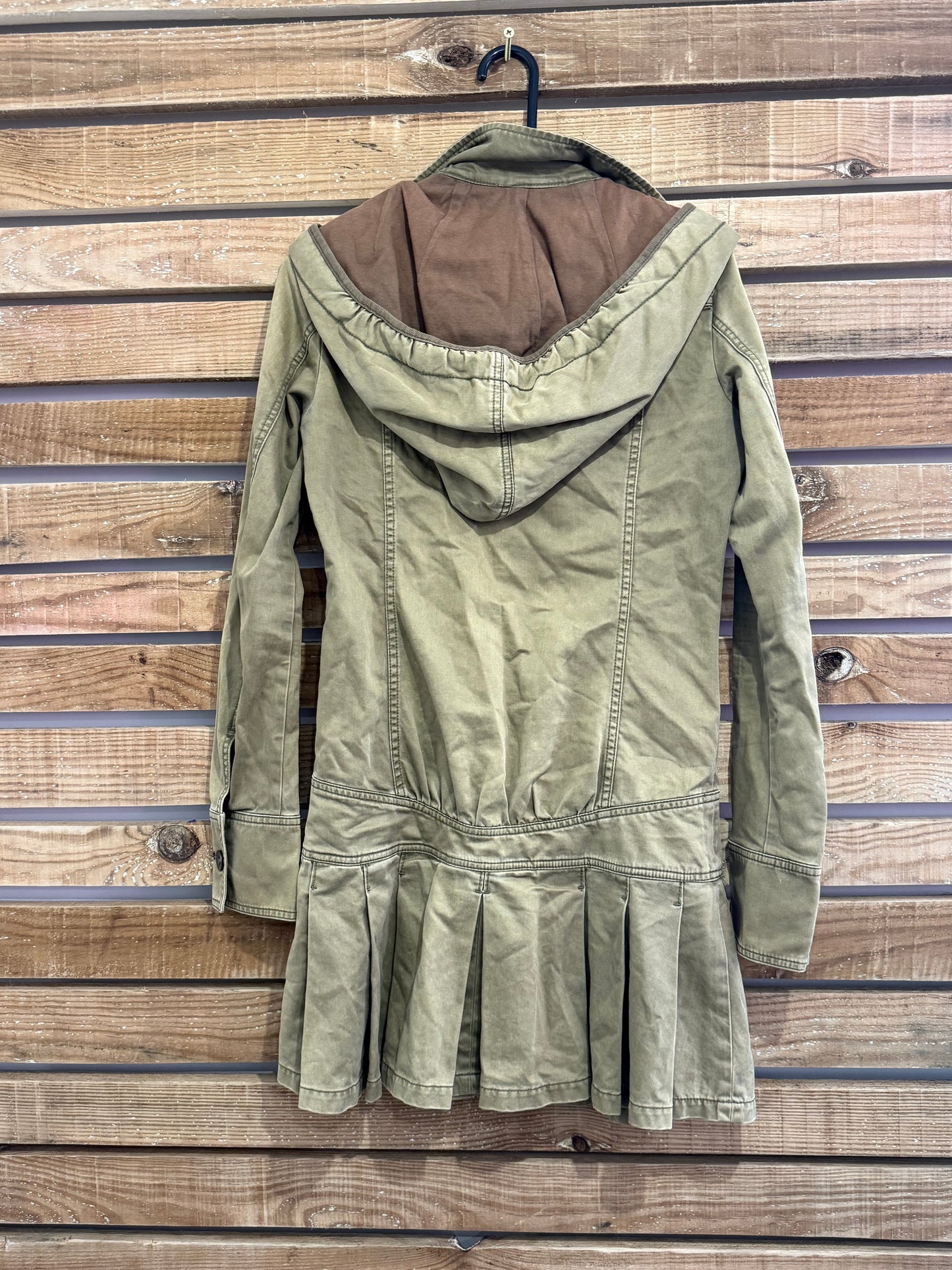 Vintage Y2K Diesel archive hybrid dress jacket. Pleated skirt, hooded. Khaki. Size Small.