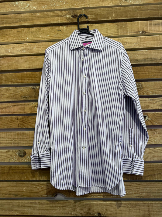 Racing Green striped shirt. Purple. 16” collar. Size Large.