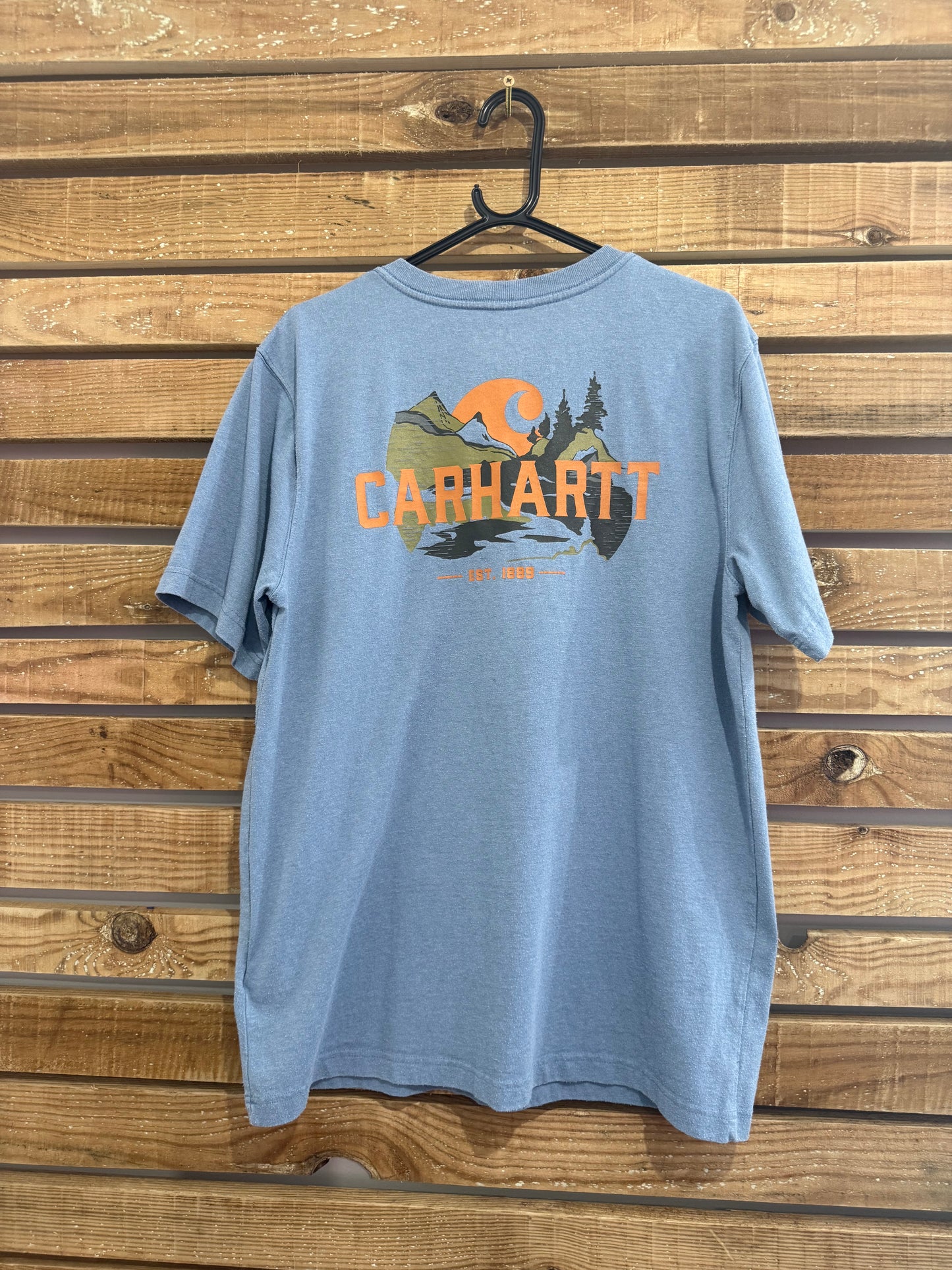 Carhartt summer print motif t-shirt. Blue. Workwear/ cowboy/ USA. Size medium.