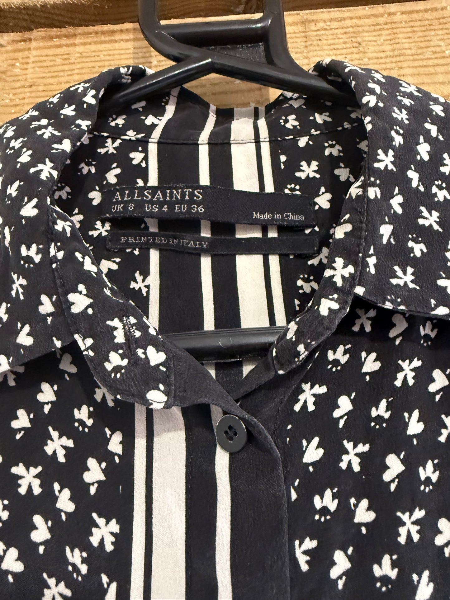 AllSaints print short sleeve blouse. Size Small. Monochrome. UK8