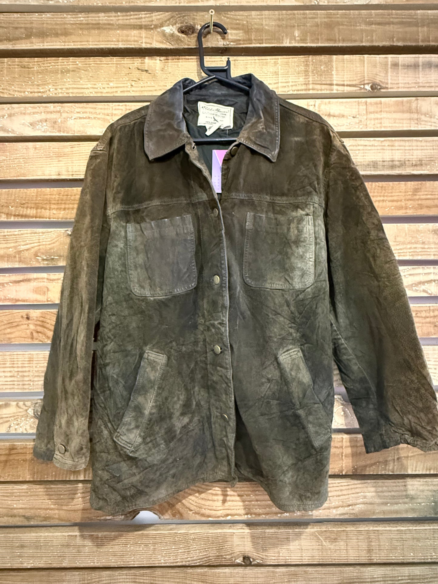 Vintage 90s Eddie Bauer suede leather  jacket. Khaki Green. Size Large