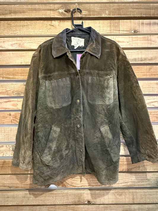 Vintage 90s Eddie Bauer suede leather  jacket. Khaki Green. Size Large