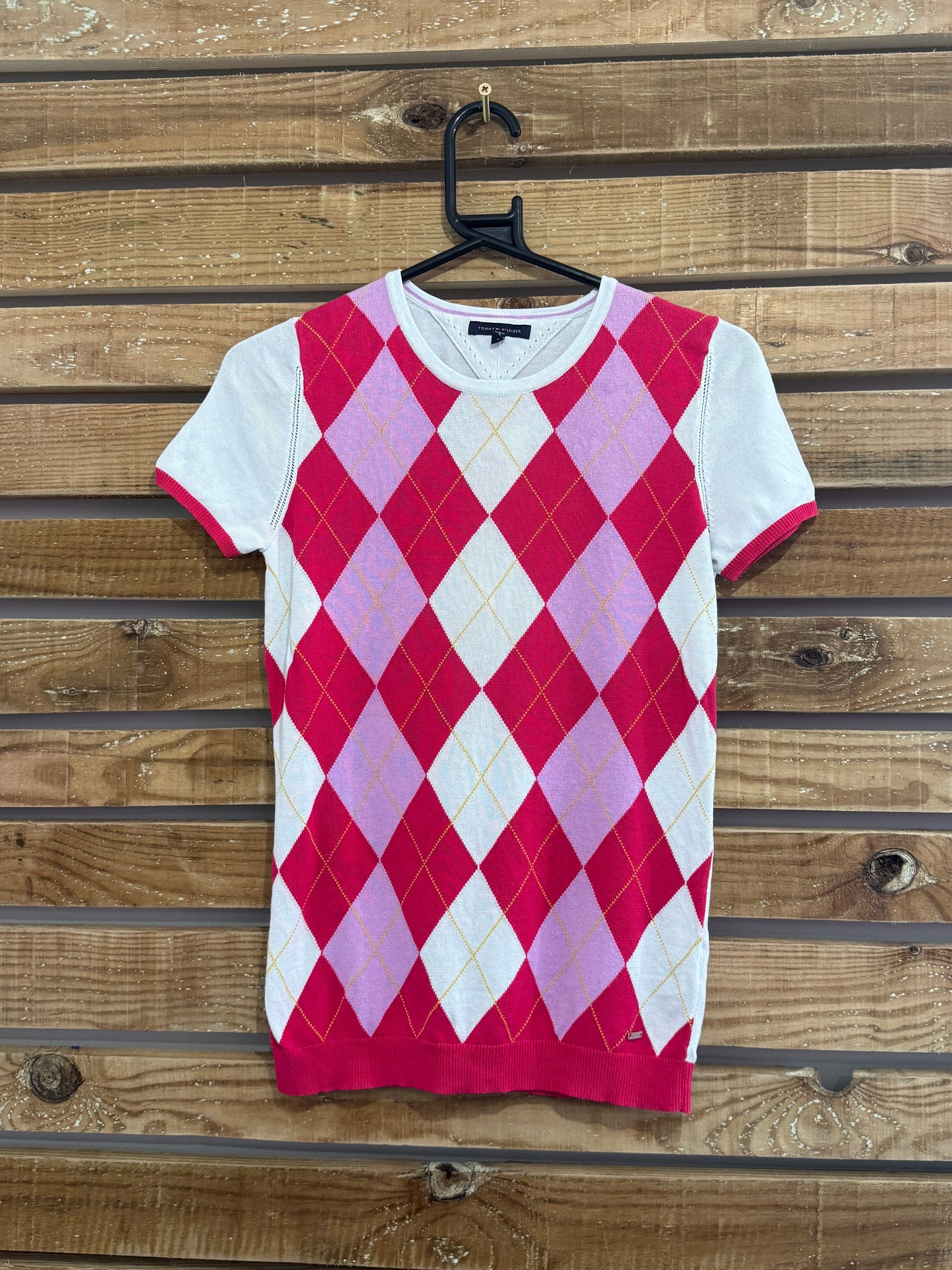 Vintage 90s Tommy Hilfiger argyle crewneck cotton jumper/ sweater. Pink. Size Small.