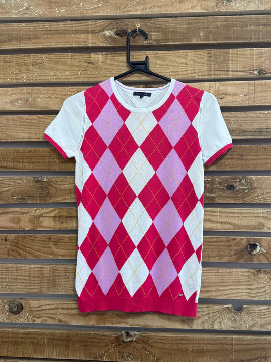 Vintage 90s Tommy Hilfiger argyle crewneck cotton jumper/ sweater. Pink. Size Small.