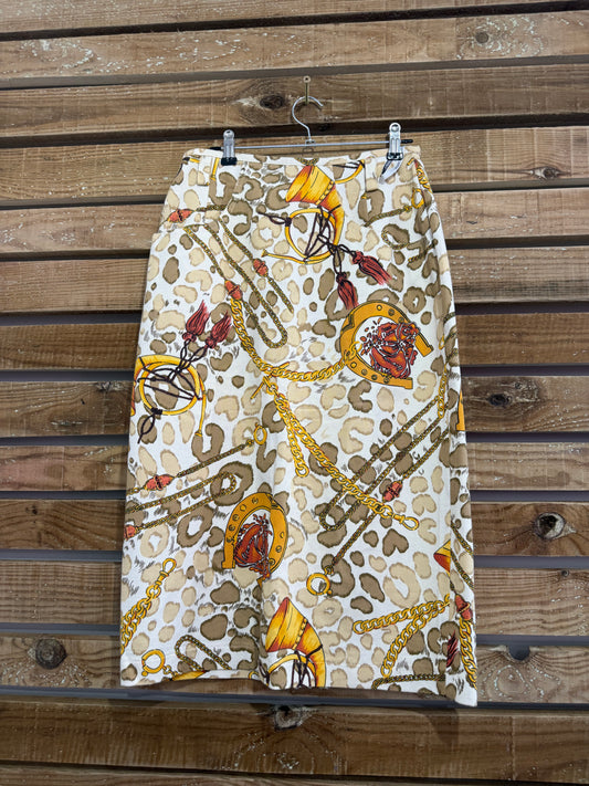 Vintage 80s Catherine Hepfer Novelty print equestrian skirt. Summer. Waist 27”