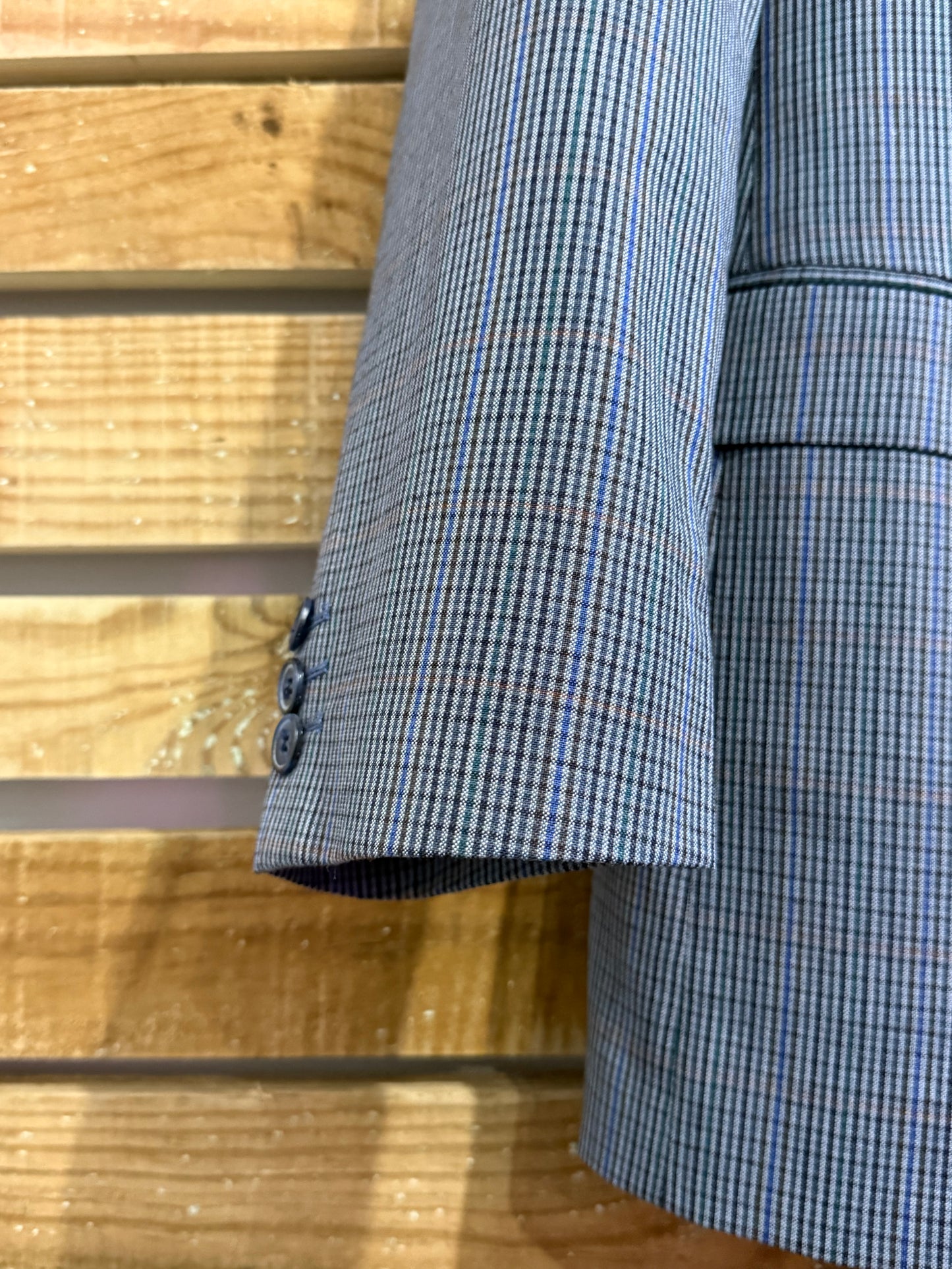 Vintage 80s Hans Kelven check blazer/ suit jacket. Size 44” chest, Medium. Blue.