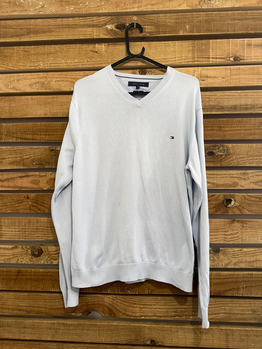 Vintage 90s Tommy Hilfiger V neck cotton jumper/ sweater. Blue. Size XL.