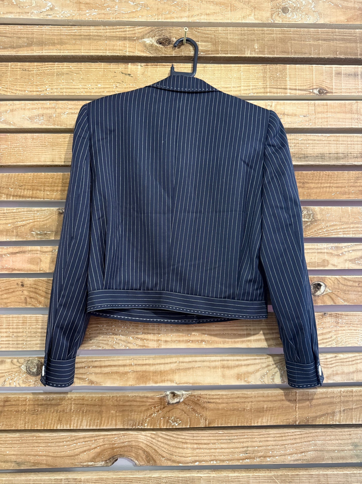 Vintage 80s Escada blue pinstripe button up jacket. Size 38. Up to a UK14.
