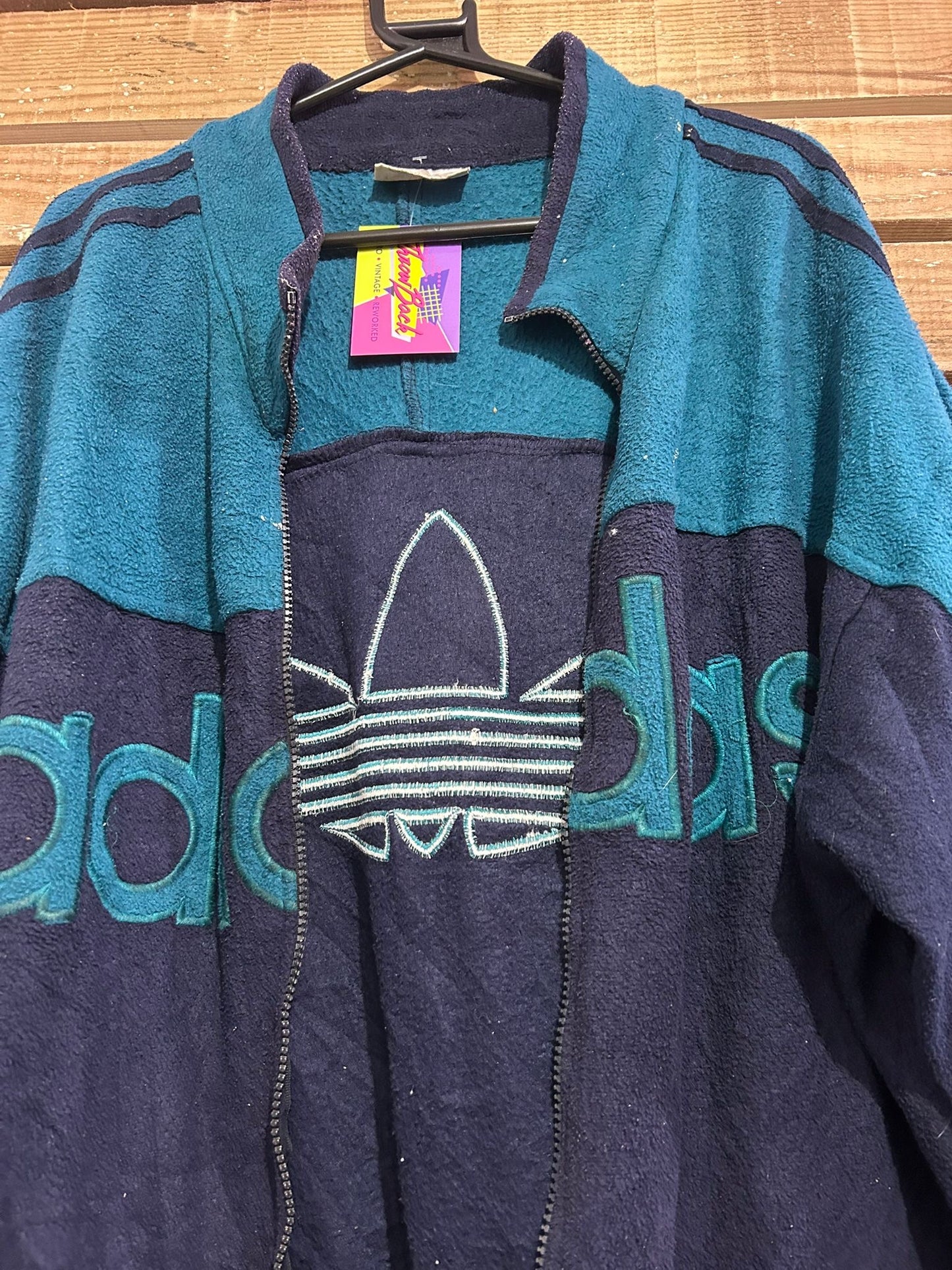 Vintage 80’s RARE Adidas spell-out zip-up fleece jacket. Blue. Size Large
