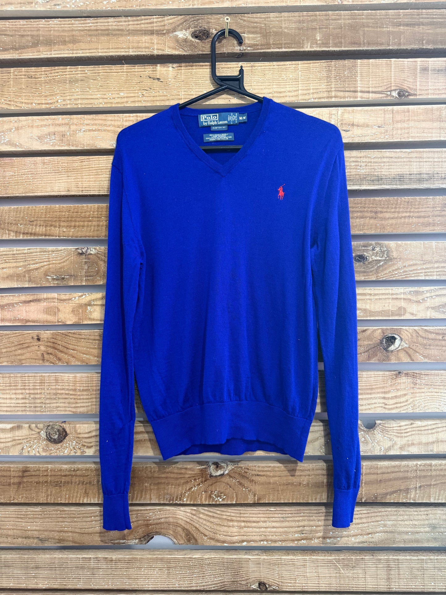 Vintage 90s Ralph Lauren V Neck jumper/ sweater. Blue. Wool. Size medium.